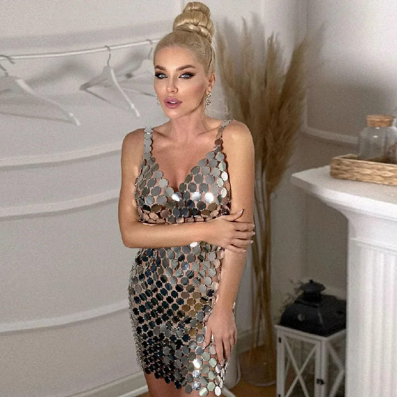 Sparkly Sequin Deep V Backless Sheer Effect Club Mini Dress - Silver Budget-friendly mini dresses