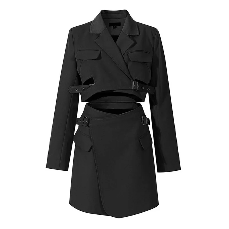 Stylish Lapel Collar Wrapped Strappy Belted Cut Out Mini Blazer Dress Birthday mini dresses