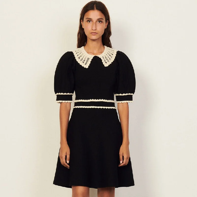 Vintage Style Lace Collar Puff Sleeve Skater Knit Mini Dress - Black Prom mini dresses