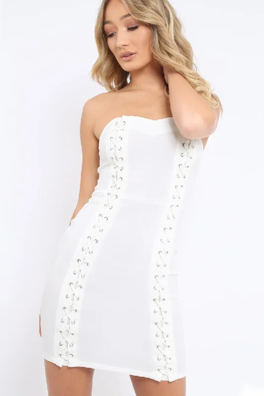 White Lace Up Front Bandeau Mini Dress - Lily Long sleeve mini dresses