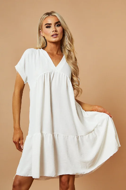 White V-Neck Tiered Frill Mini Dress - Kate Boho mini dresses