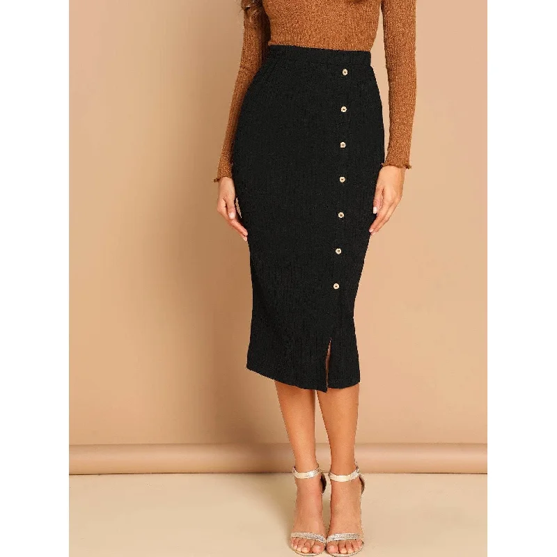 Button Front Ribbed Split Skirt Short unclassified skirts