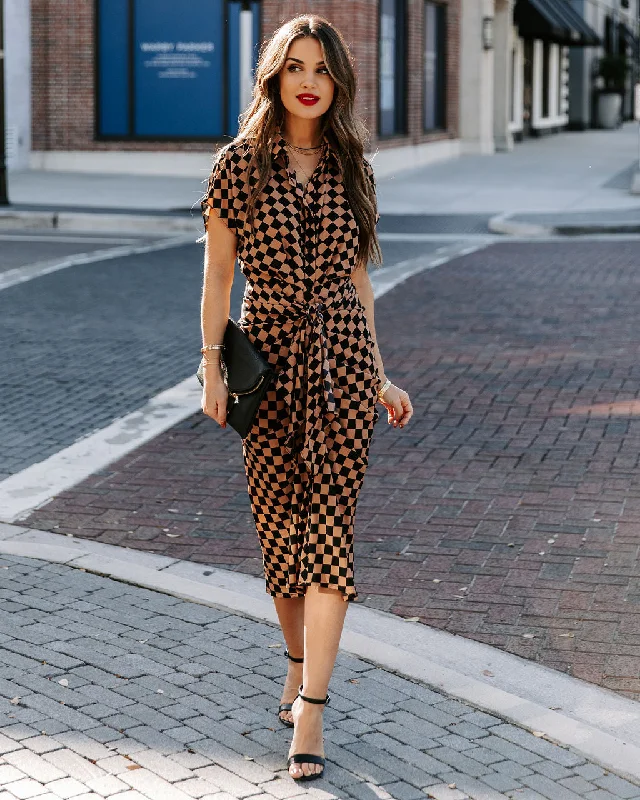 Checkmate Printed Tie Front Midi Shirt Dress Versatile midi dresses for all occasions