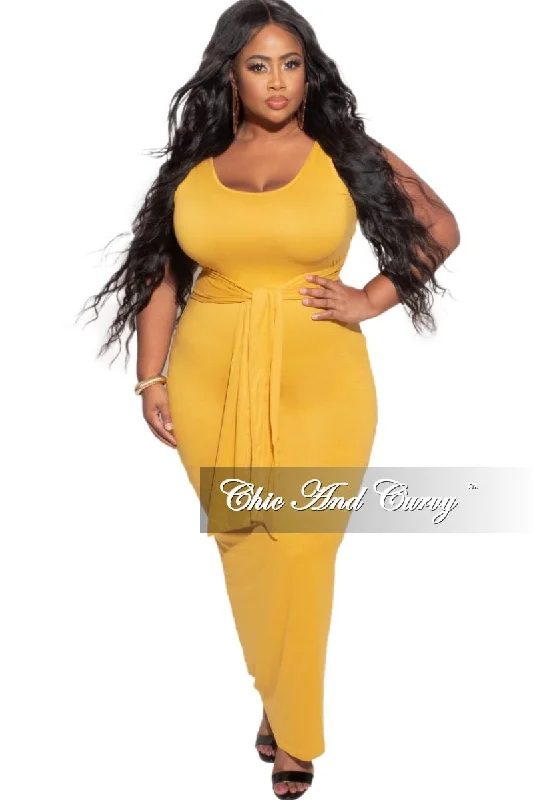 Final Sale Plus Size Midi Dress with Attached Belt in Mustard Long sleeve midi dresses