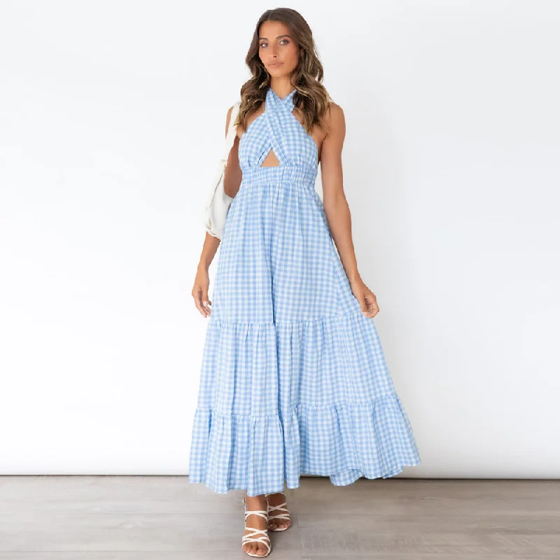 Pom Cotton Gingham Halter Midi Dress - Blue Best midi dresses for plus size