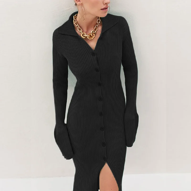 Praia Cotton Blend Ribbed Button Down Midi Dress - Black - FINAL SALE High-end midi dresses