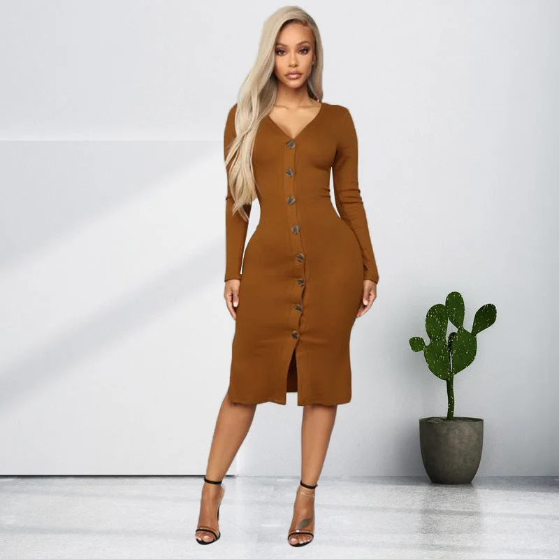 Praia Cotton Blend Ribbed Button Down Midi Dress - Camel - FINAL SALE Designer midi dresses