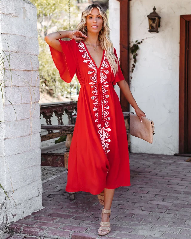 Presidio Embroidered Tassel Midi Dress - Tomato Red Smocked midi dresses