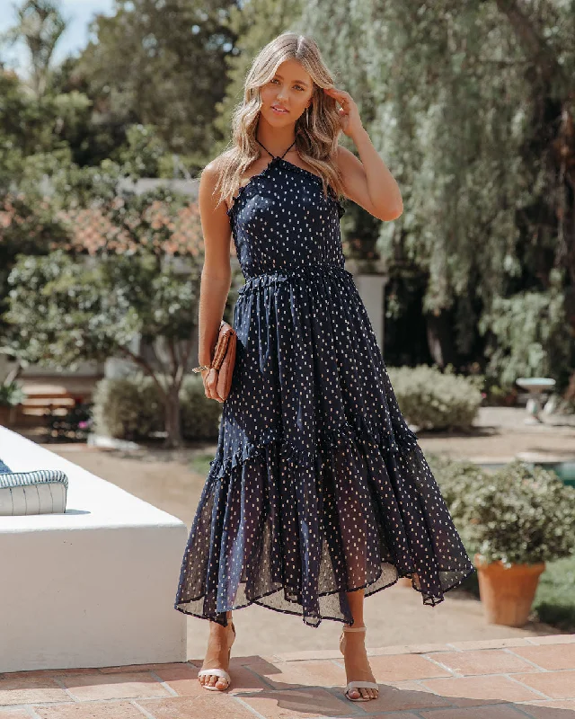 Remarkable Metallic Detailed Halter Midi Dress - Navy - FINAL SALE Chiffon midi dresses