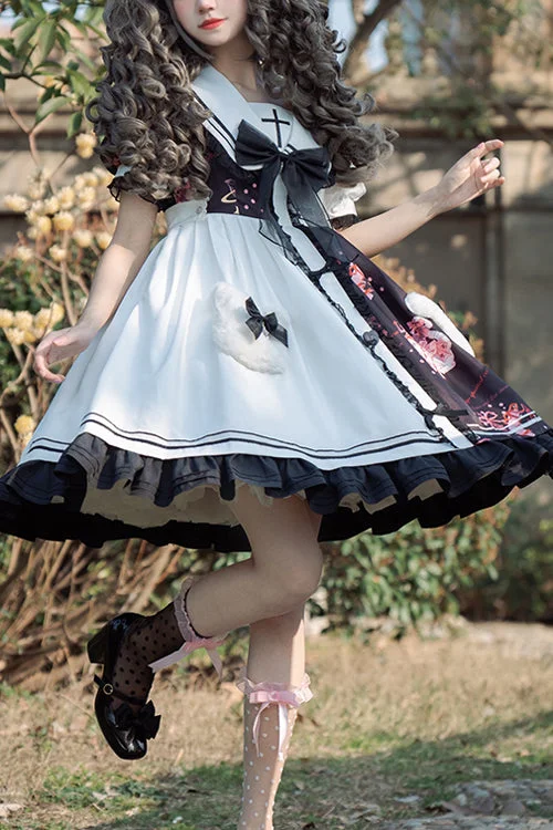 Black/White Navy Collar Short Sleeves Strawberry Bear Print Ruffled Hem Sweet Lolita Dress Stretchy floral dresses