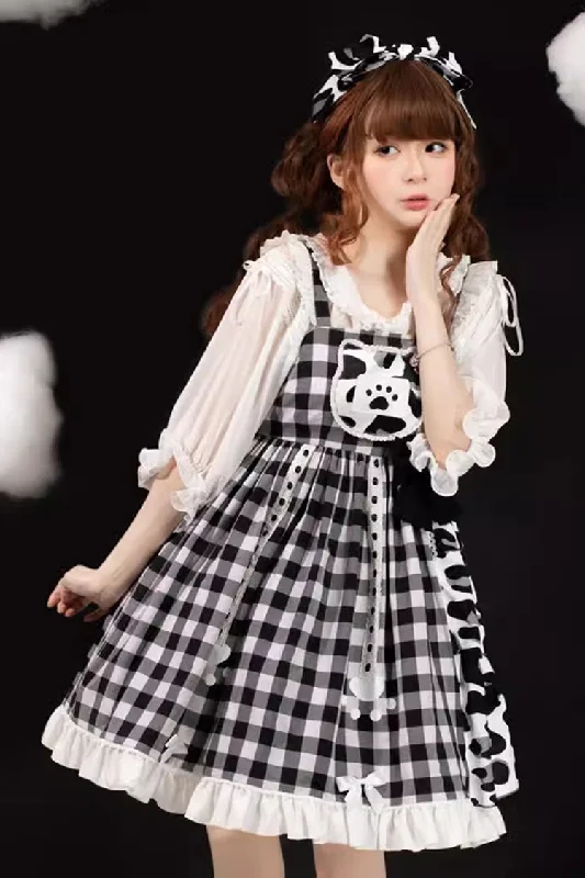 Black/White Plaid Print Cow Ruffle Bowknot Cat Claw Planet Sweet Lolita Jsk Dress Romantic floral dresses