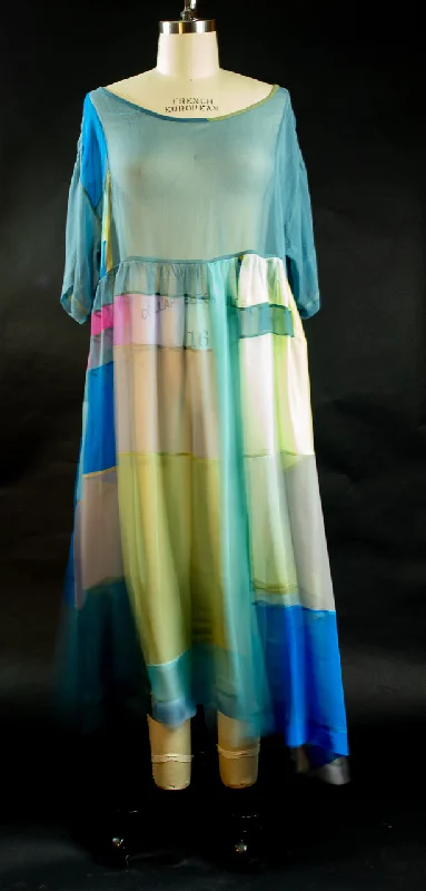 Light Turquoise Blue and Prints Silk Chiffon Patchwork Tunic Comfortable floral dresses for everyday wear