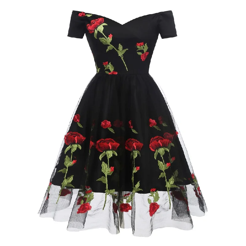 1950s Party New Year Embroidery Rose Floral V Neck Sleeve Black Women Dress Tiered floral dresses