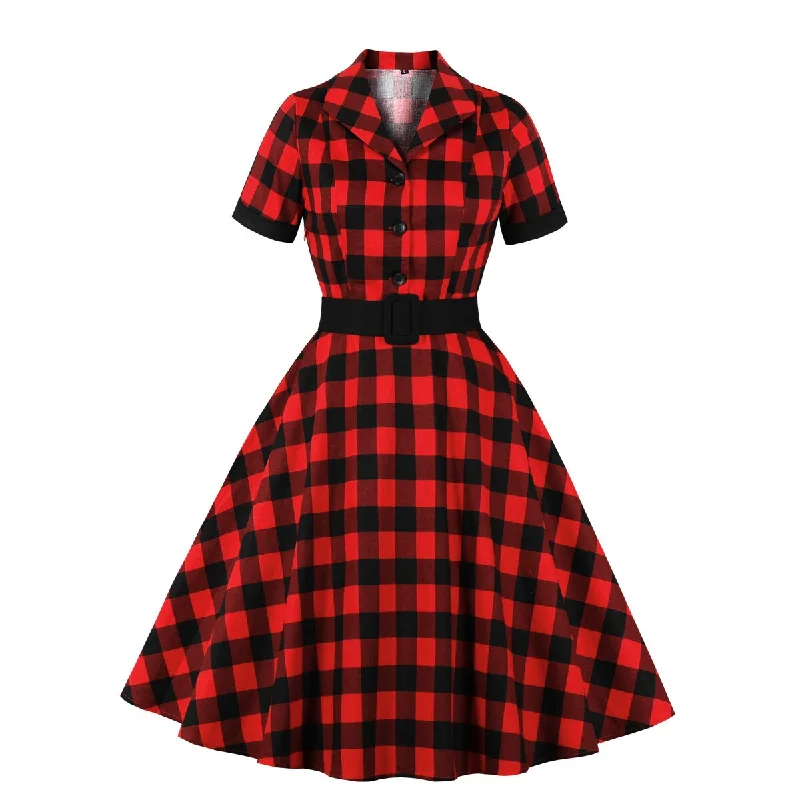 1950s Plaid Print Vintage Cotton Short Sleeve Button Tunic Robe Pin Up Swing Retro Casual Dress Must-have floral dresses for this season