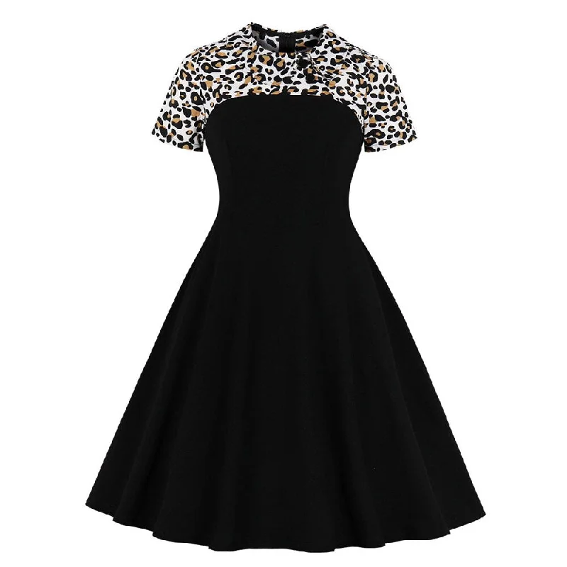 Women Short Sleeve Black Leopard Print Patchwork Robe Pin Up Swing Vintage Dresses Vintage floral dresses