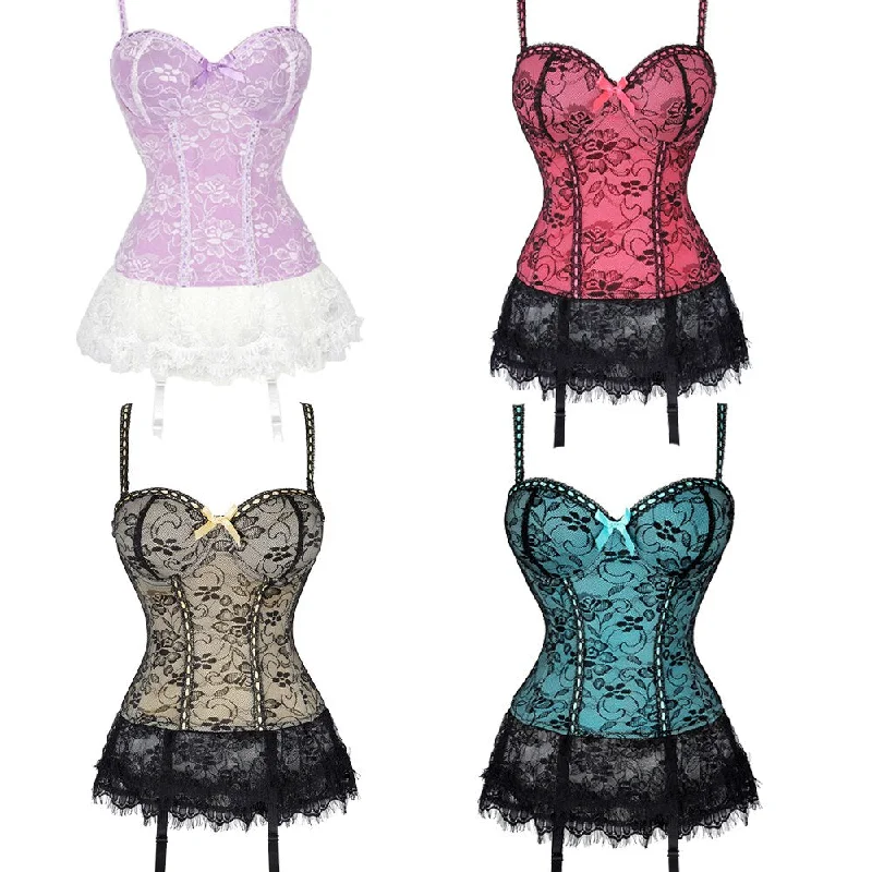 Floral Print Lace Mesh Spaghetti Straps Boned Overbust Bustier Waist Cincher Corset Bra Top Lingerie Party Dress Party floral dresses