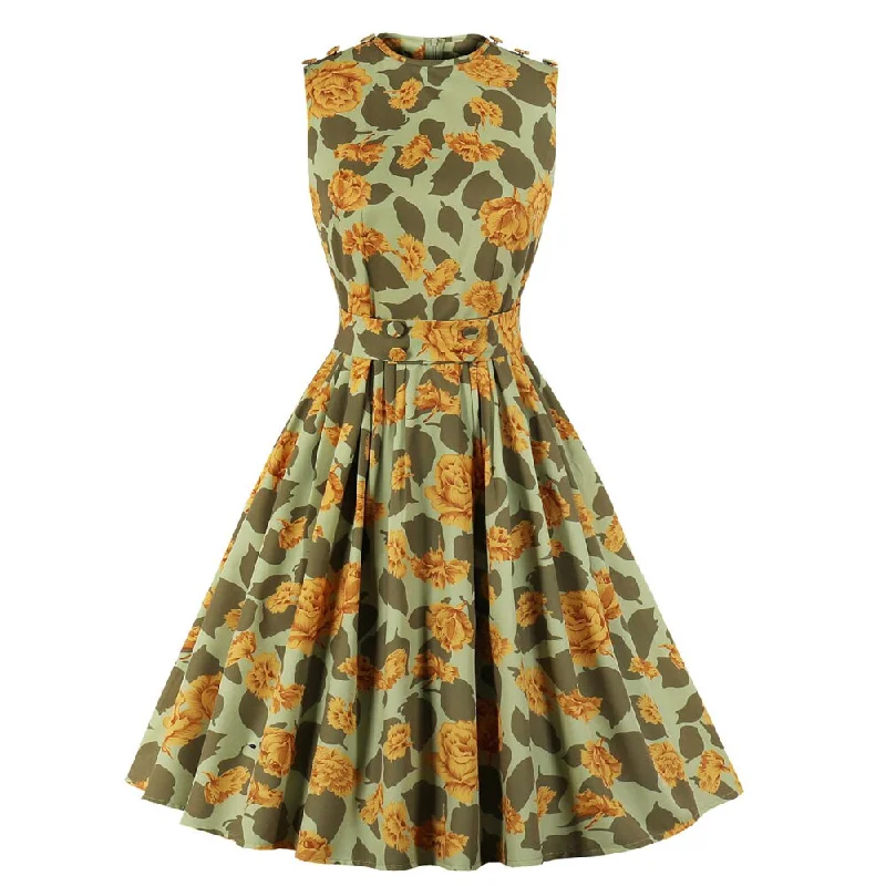 Floral Print Vintage 50s 60s Retro Party Sleeveless High Waist Robe Pin Up Swing Women Dresses Y2K floral dresses