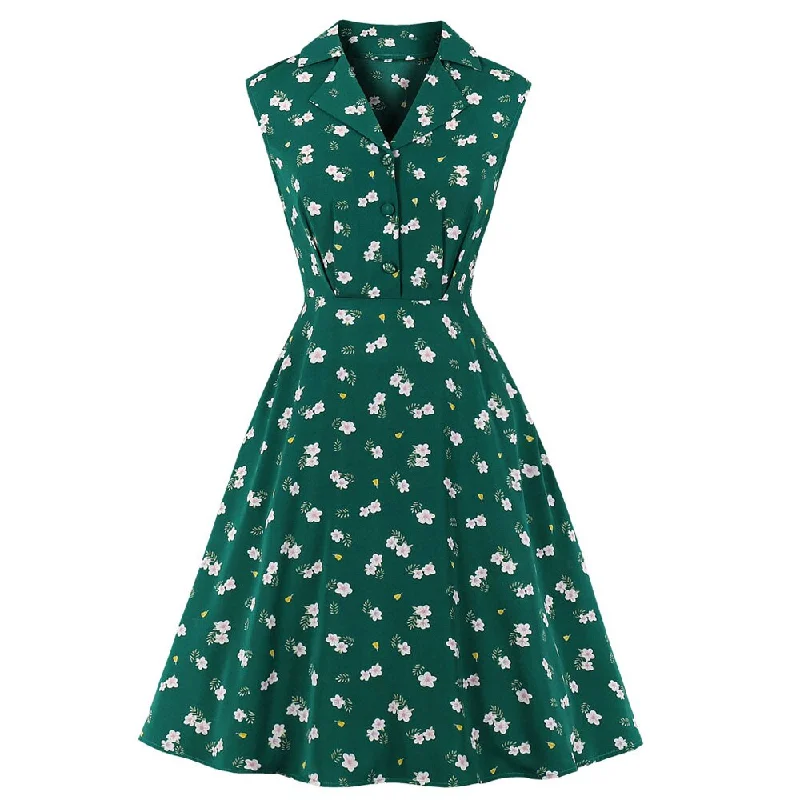 1950s Green Floral Print Turn Down Collar Sleeveless High Waist Robe Pin Up Vintage Dress Cotton floral dresses