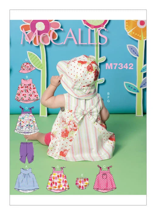 McCall's Pattern M7342 Baby Back-Bow Dresses, Panties, Leggings & Bucket Hat Romantic floral dresses