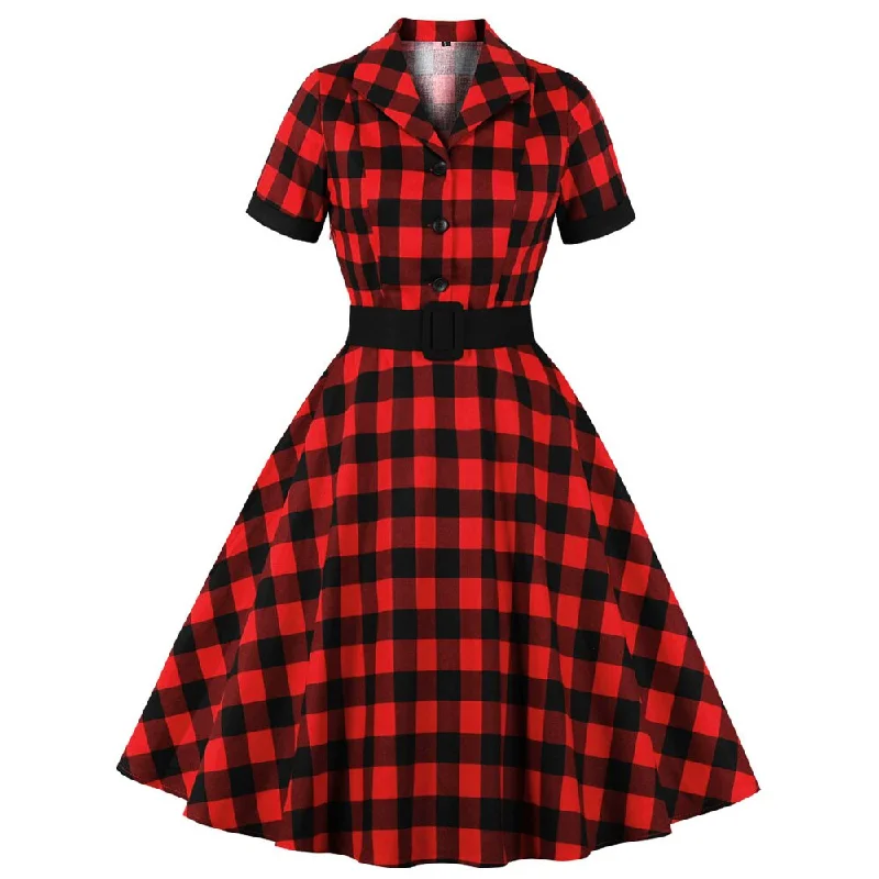 Red Plaid Short Sleeve Cotton Robe Pin Up Swing Checked Print Vintage 50s 60s Dresses Summer floral dresses