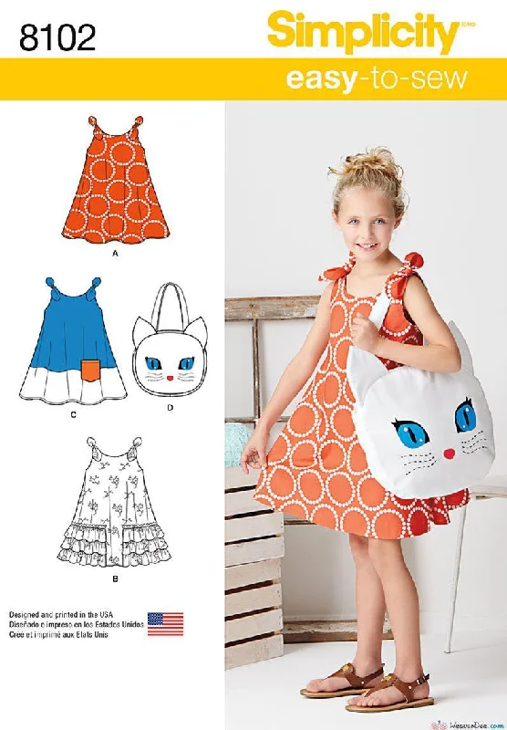 Simplicity Pattern S8102 Child's Easy-to-Sew Sundress & Kitty Tote Graduation floral dresses