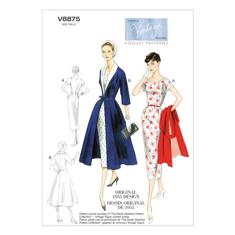 Vogue Pattern V8875 Vintage 1950s Misses' Dress, Belt, Coat & Detachable Collar Summer floral dresses