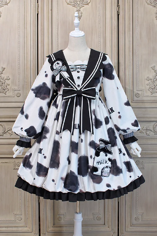 White/Black Navy Collar Headbow Ruffled Stitching Cow Print Sweet Lolita OP Dress Cotton floral dresses