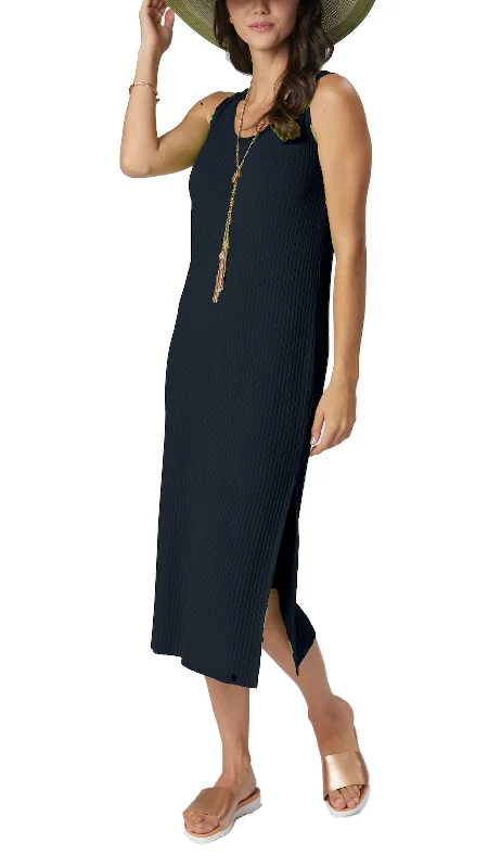 Betsy Vertical Rib Knit Sleeveless Mid-calf Sheath Dress; Dark Navy Off-shoulder unclassified dresses