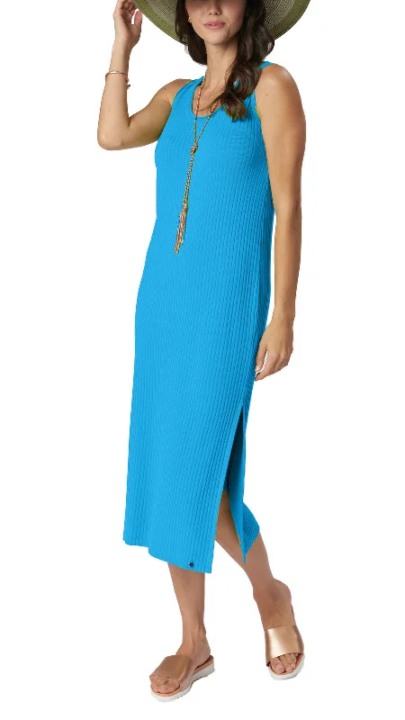 Betsy Vertical Rib Knit Sleeveless Mid-calf Sheath Dress; Turquoise Embroidered unclassified dresses