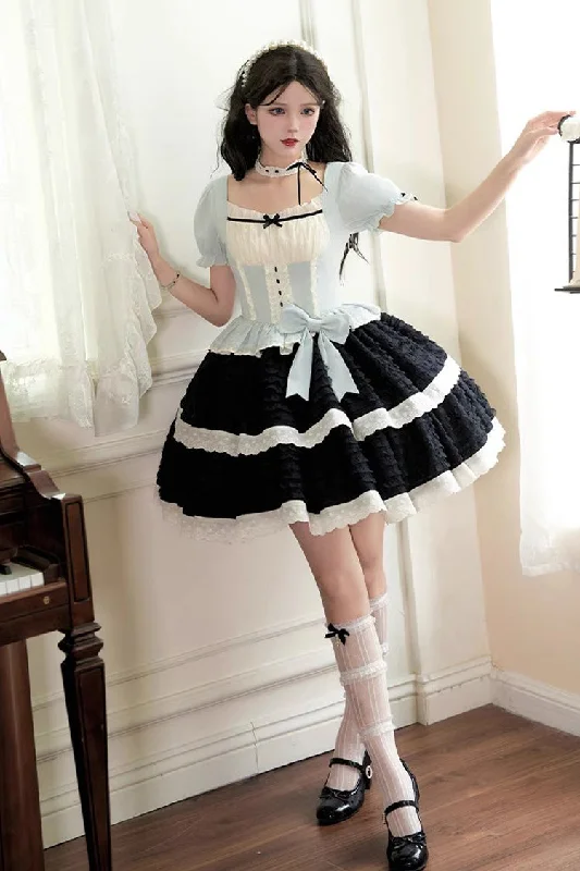 Black/Blue Mint Dark Chocolate Fake Two-piece Square Collar Ruffle Bowknot Sweet Lolita Dress Women's unclassified dresses