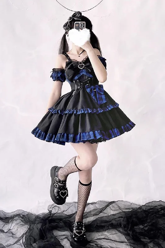 Black/Blue Sleeveless Multi-layer Ruffle Bowknot Gothic Lolita Jsk Dress Lounge unclassified dresses