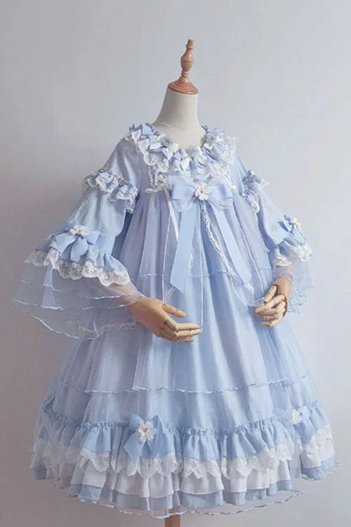 Blue Bowknot Trumpet Sleeves Multi-Layer Ruffled Sweet Lolita OP Tiered Dress Boho unclassified dresses