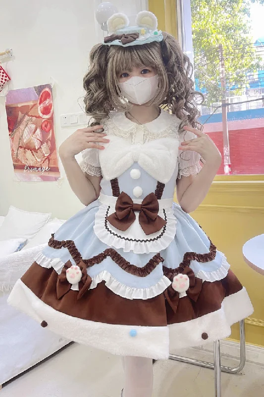 Blue/Brown [Cream Snow Cat] Winter Ruffle Bowknot Sweet Lolita Jsk Dress Lace unclassified dresses