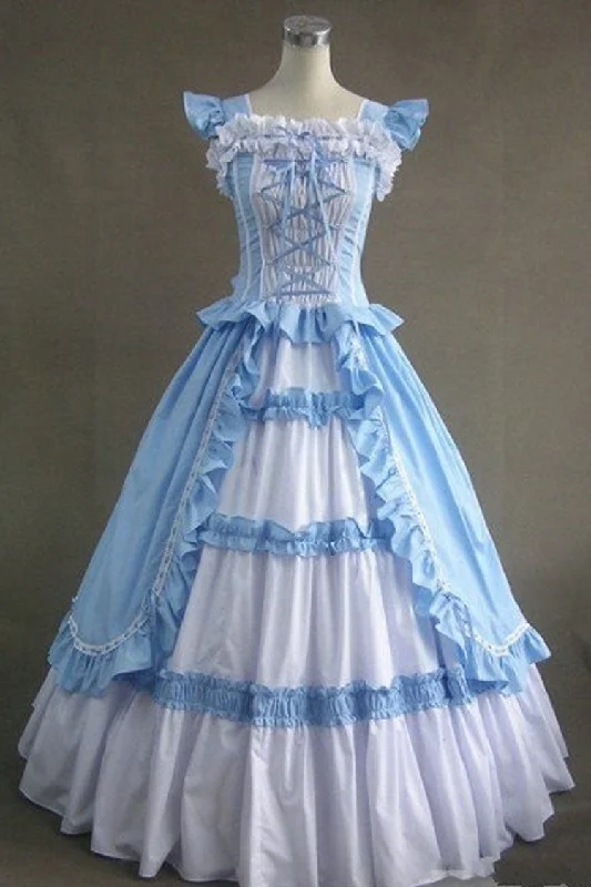 Blue Cotton Square Collar Cap Sleeves Floor Length Ruffled Multi-Layer Pleats Victorian Classic Lolita Dress Formal unclassified dresses