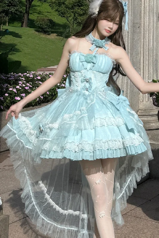 Blue Galaxy Flower Language Multi-Layered Ruffle Bowknot Sweet Lolita Tube Top Dress Striped unclassified dresses