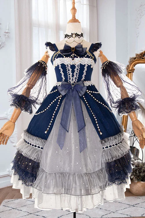 Blue Gorgeous Starry Sky Bowknot Pearl Chain Decoration Multi-Layer Ruffled Sweet Lolita JSK Tiered Dress Ruched unclassified dresses