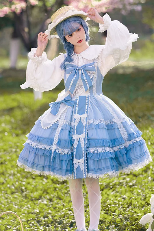 Blue Multi-layer Ruffle Bowknot The Covenant of Summer Isle Sweet Princess Lolita Jsk Dress Stretchy unclassified dresses