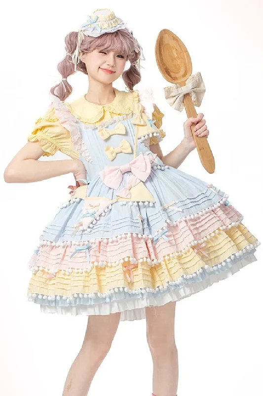 Blue/Pink/Yellow Sweetheart Macaron Ice Cream Multi-Layered Ruffle Bowknot Sweet Lolita Dress High-low unclassified dresses