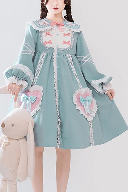 Blue Rabbit Lapel Collar Lantern Sleeves Love Embroidered Sweet Lolita OP Dress Everyday wear unclassified dresses