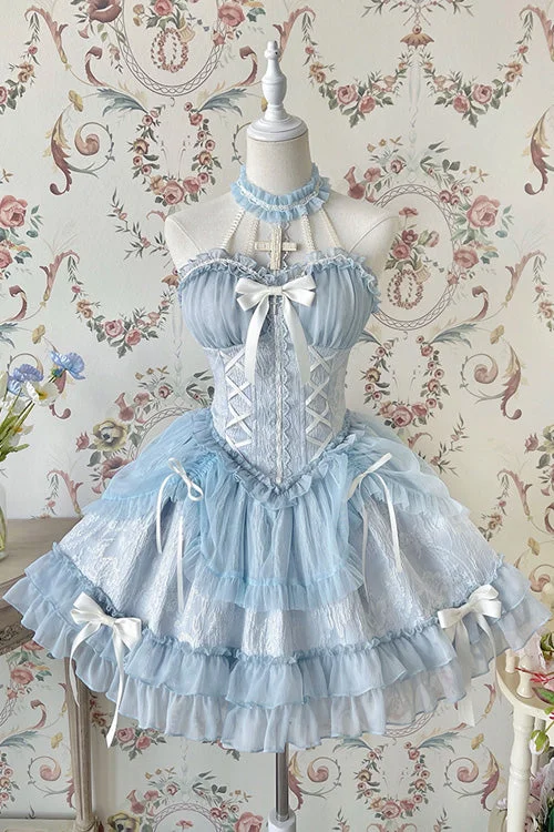 Blue Tube Top Sleeveless Blowknot Ruffled Sweet Lolita Tiered Dress Petite unclassified dresses