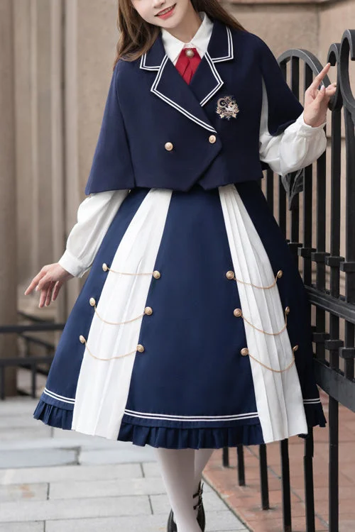 Blue/White Suit Collar Double Breasted High Waist College Style Sweet Lolita Dress Full Set Club unclassified dresses