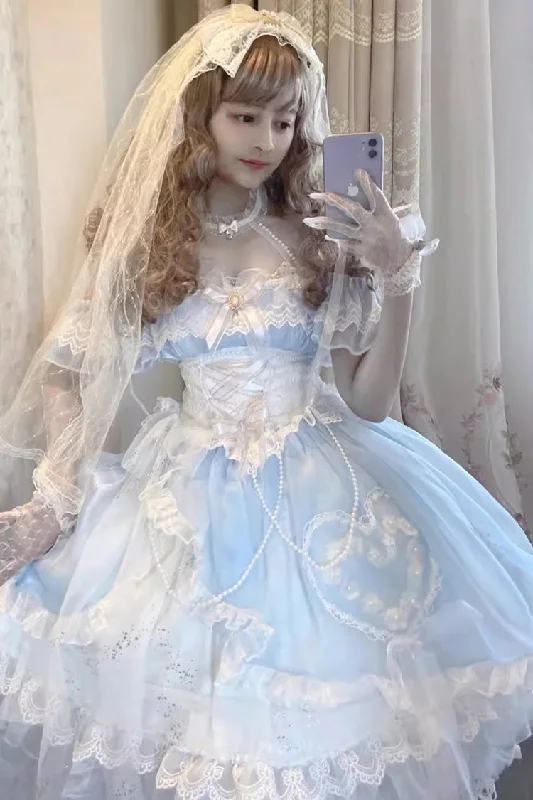 Blue/White [The Little Mermaid] Off Shoulder Halterneck Hanayome Bowknot Mesh Sweet Elegant Princess Lolita Dress Denim unclassified dresses