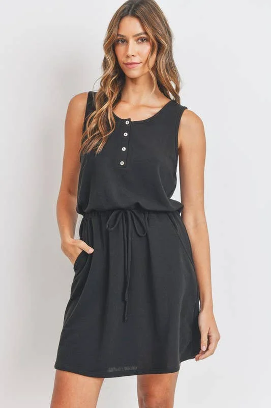 Cherish Apparel - Henley Style French Terry Dress: L / Black Preppy unclassified dresses