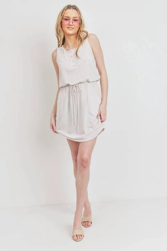 Cherish Apparel - Henley Style French Terry Dress: S / Beige Flowy unclassified dresses