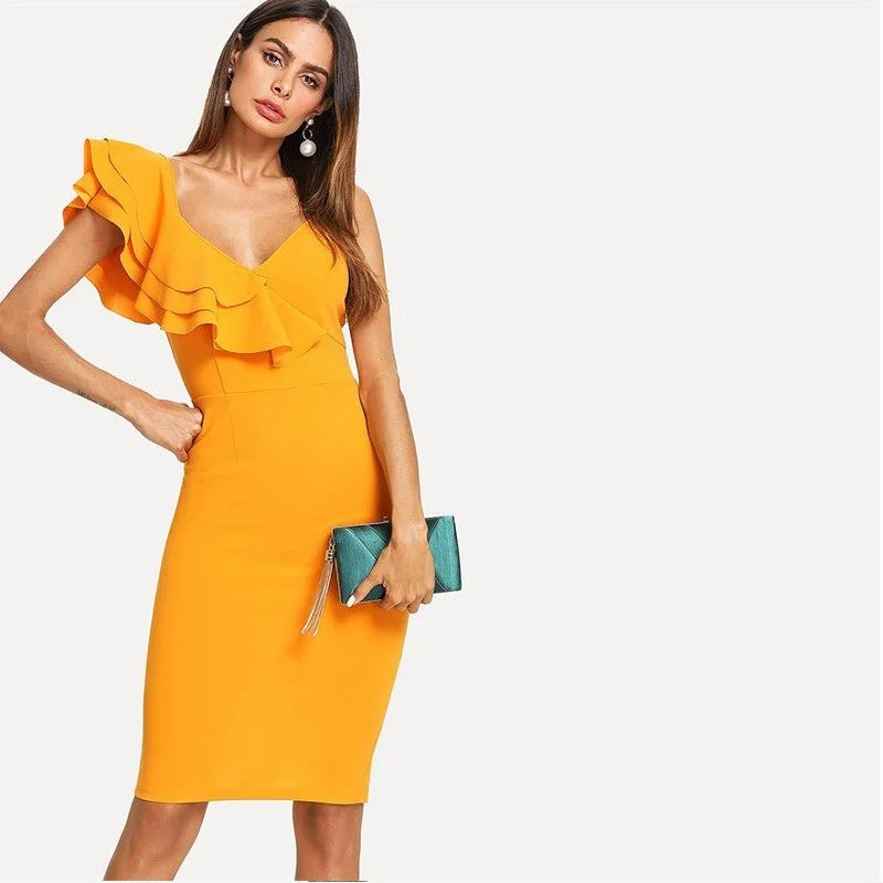 Sleeveless Ruffle Layered Flounce Trim Split Back V Neck Dress Boho unclassified dresses