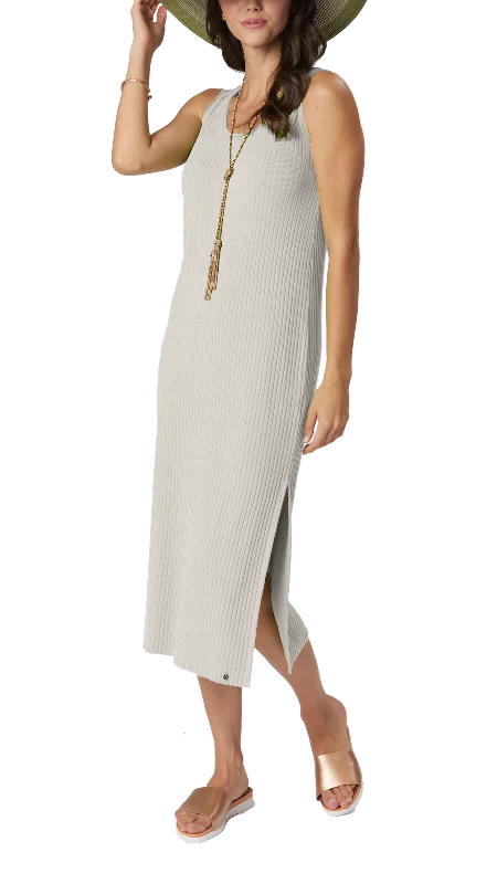 Betsy Vertical Rib Knit Sleeveless Mid-calf Sheath Dress; Beige Plus size unclassified dresses