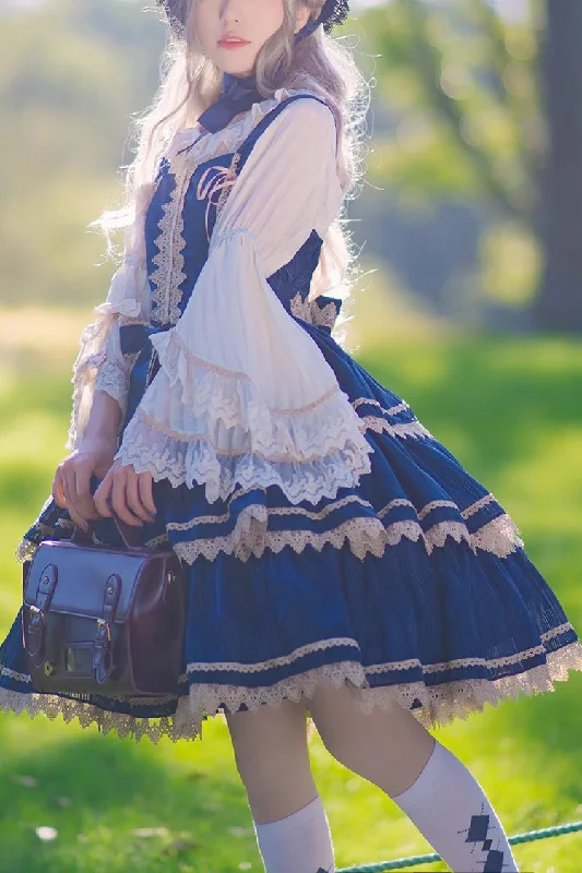 Dark Blue Three-section Cake Sleeveless Ribbon Sweet Lolita Tiered Dress Backless unclassified dresses