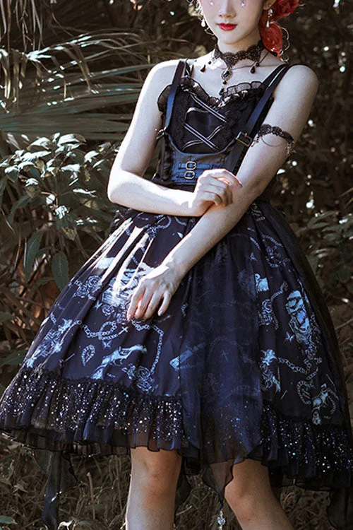 Dark Blue Vampire Diaries Theme Bowknot Ruffled Gothic Lolita JSK Dress Full Set Unique unclassified dresses