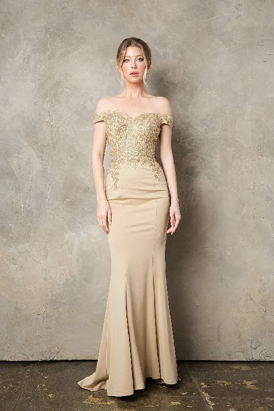 Gold Applique Off Shoulder Mermaid Dress by Juno 0932 - Outlet Elegant unclassified dresses