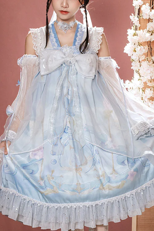 Light Blue Dreamland Chinese Style Bowknot Ruffled High Waisted Sweet Lolita JSK Dress Long sleeve unclassified dresses